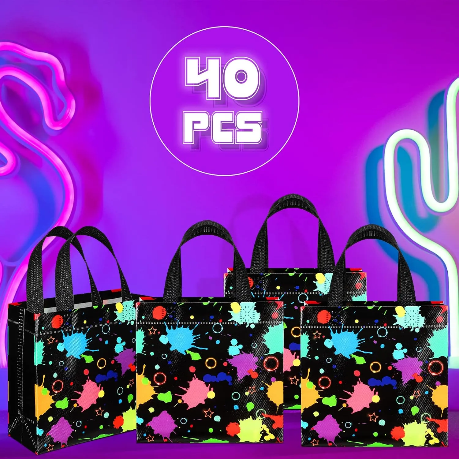 Sweetude 40 Pcs Glow in the Dark Gift Bags Glow Party Gift Treat Bag with Handles Non Woven Goodie Bags for Party