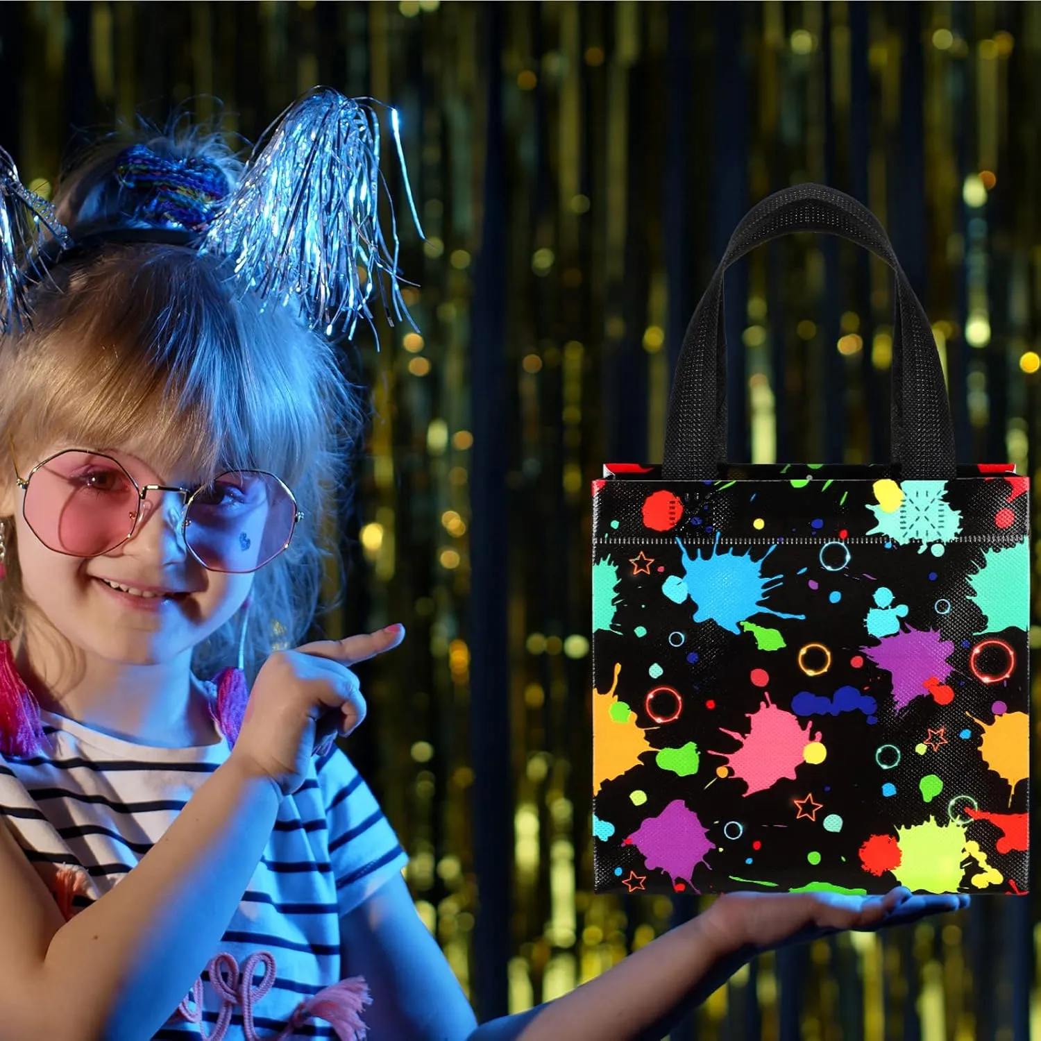 Sweetude 40 Pcs Glow in the Dark Gift Bags Glow Party Gift Treat Bag with Handles Non Woven Goodie Bags for Party