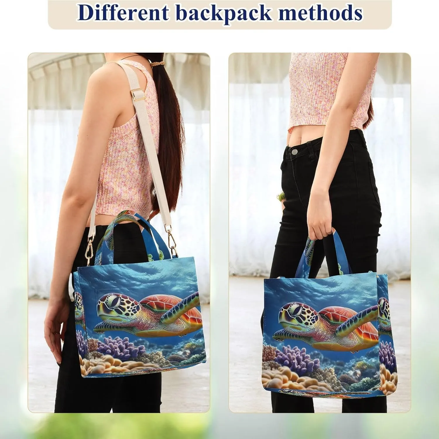 Swim Sea Turtle Reef Corduroy Tote Bag for Women Large Shoulder Bag with Pockets for Beach Work Travel Shopping S