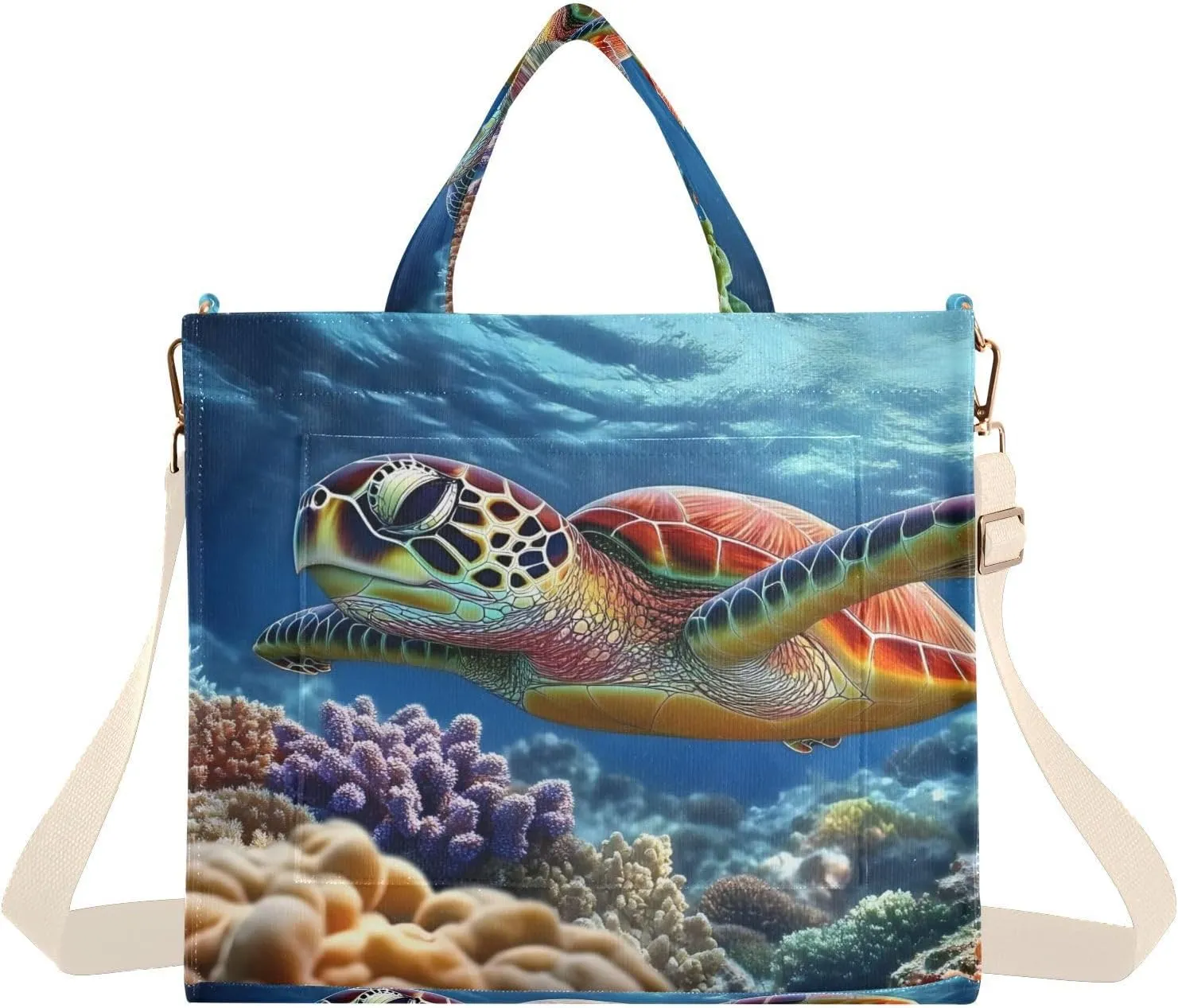 Swim Sea Turtle Reef Corduroy Tote Bag for Women Large Shoulder Bag with Pockets for Beach Work Travel Shopping S