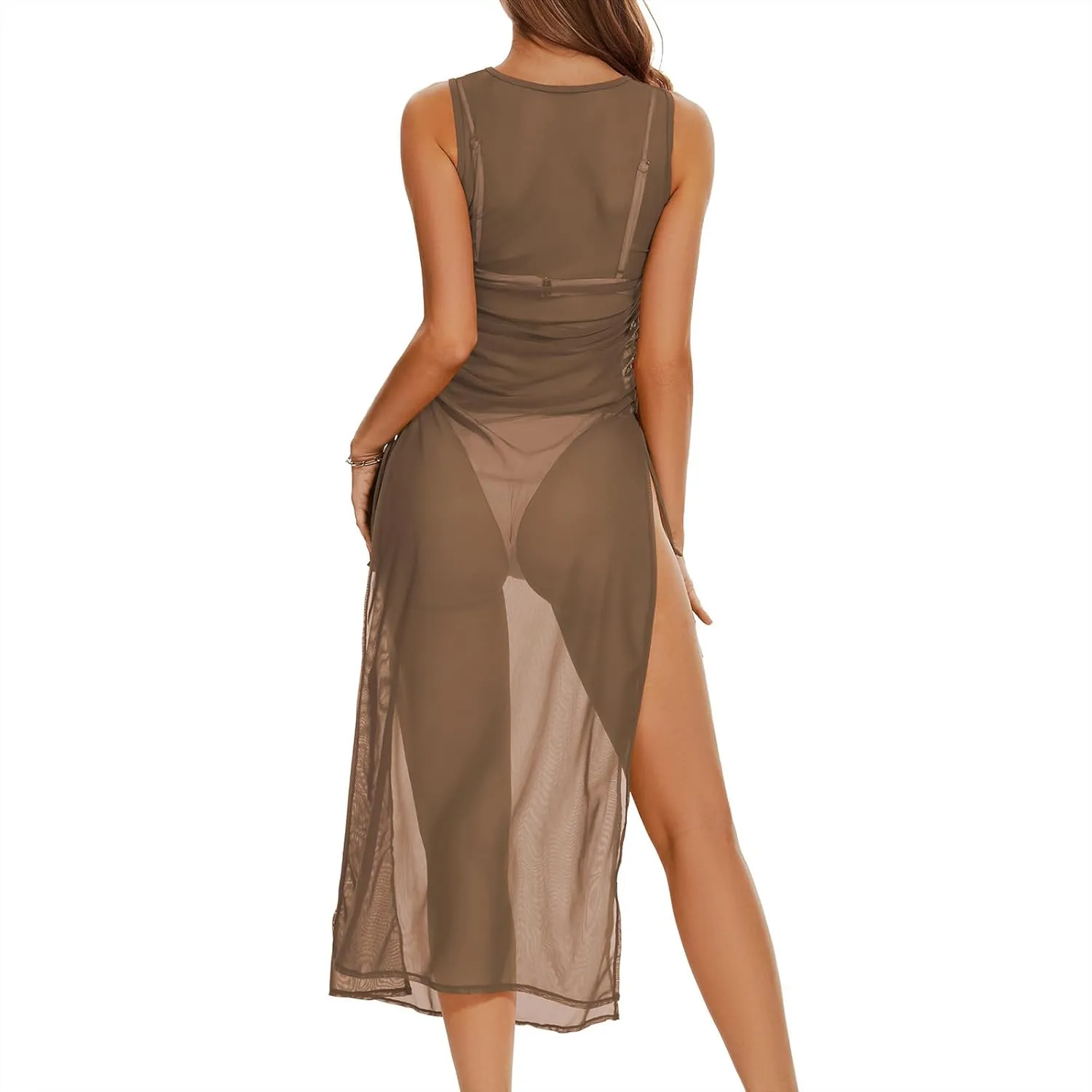 Swimsuit Women Cover Up High Split Drawstring Mesh Dress for Women Swimwear Bikini Cover Up See Through Dress