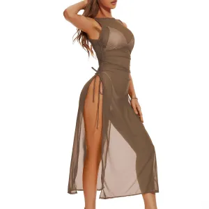 Swimsuit Women Cover Up High Split Drawstring Mesh Dress for Women Swimwear Bikini Cover Up See Through Dress