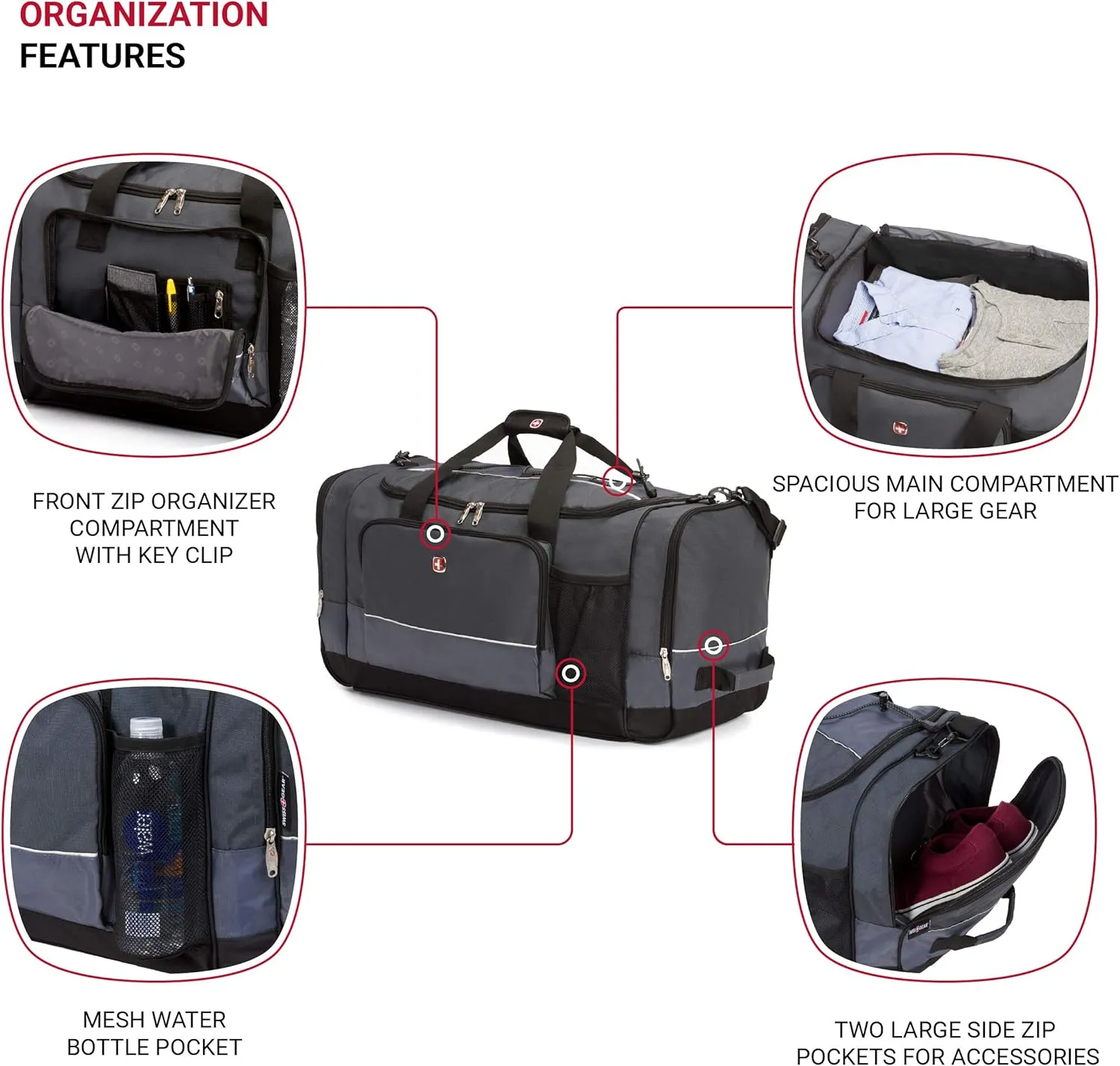 SwissGear Apex Duffle Bag for Travel and Gym with Bungee-Cord System