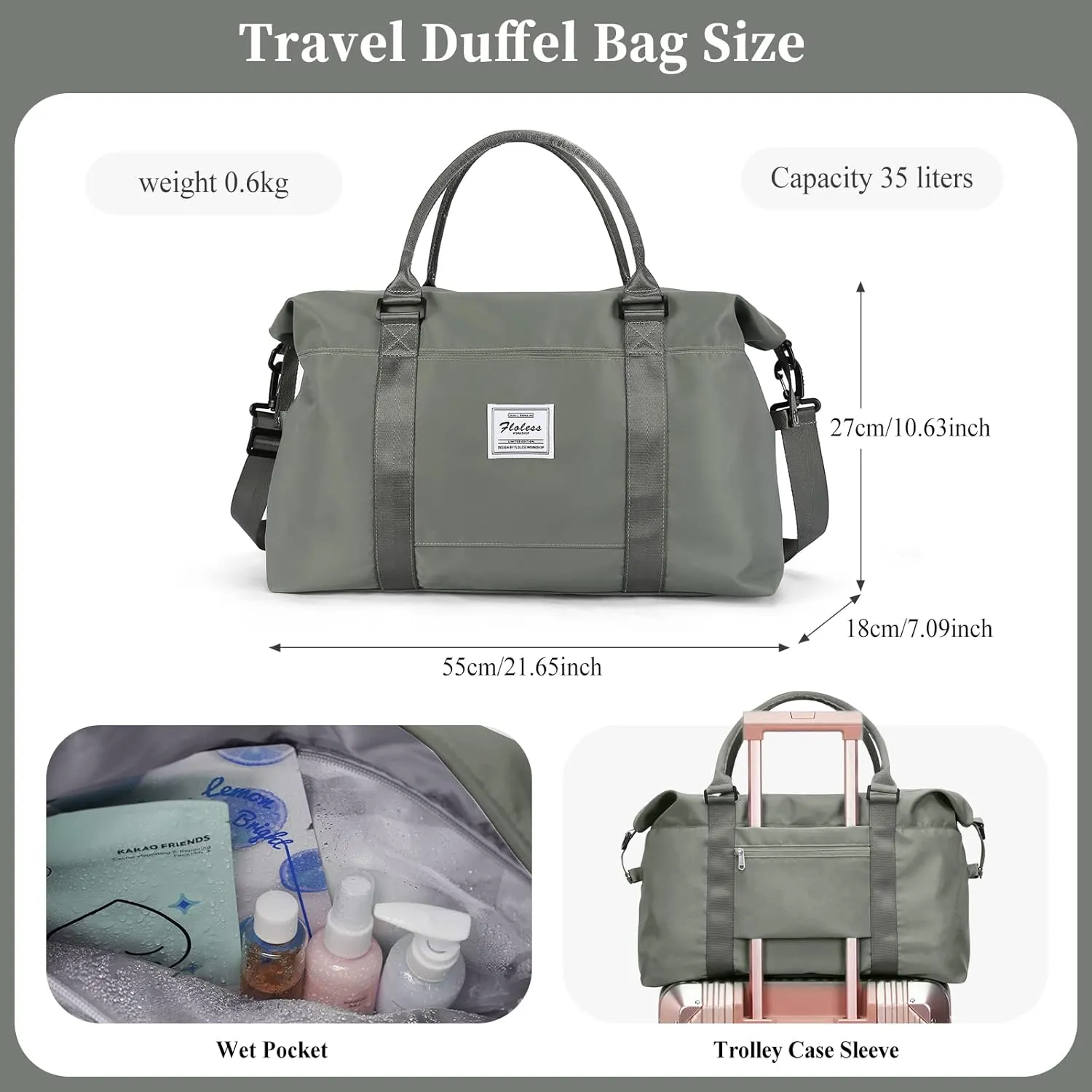 SYCNB Weekender Bags for Women,Travel Duffel Bag with Toiletry Bag,Overnight Weekend Carry On Personal Item Bag with Wet Pocket & Trolley Sleeve,Gym Bag,Green