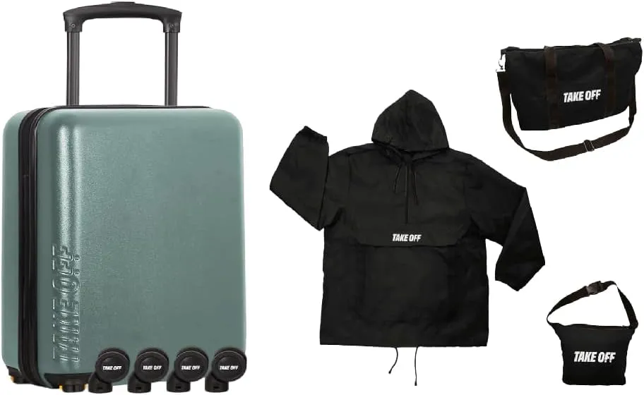 Take OFF Luggage Green Personal Suitcase   Black Duffle Bag Jacket (M)