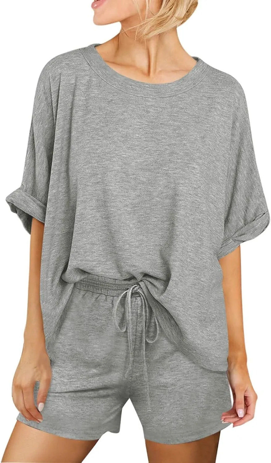 Tankaneo Womens 2 Piece Lounge Sets Oversized Short Sleeve T-shirts Drawstring Shorts Pajamas Summer Outfits
