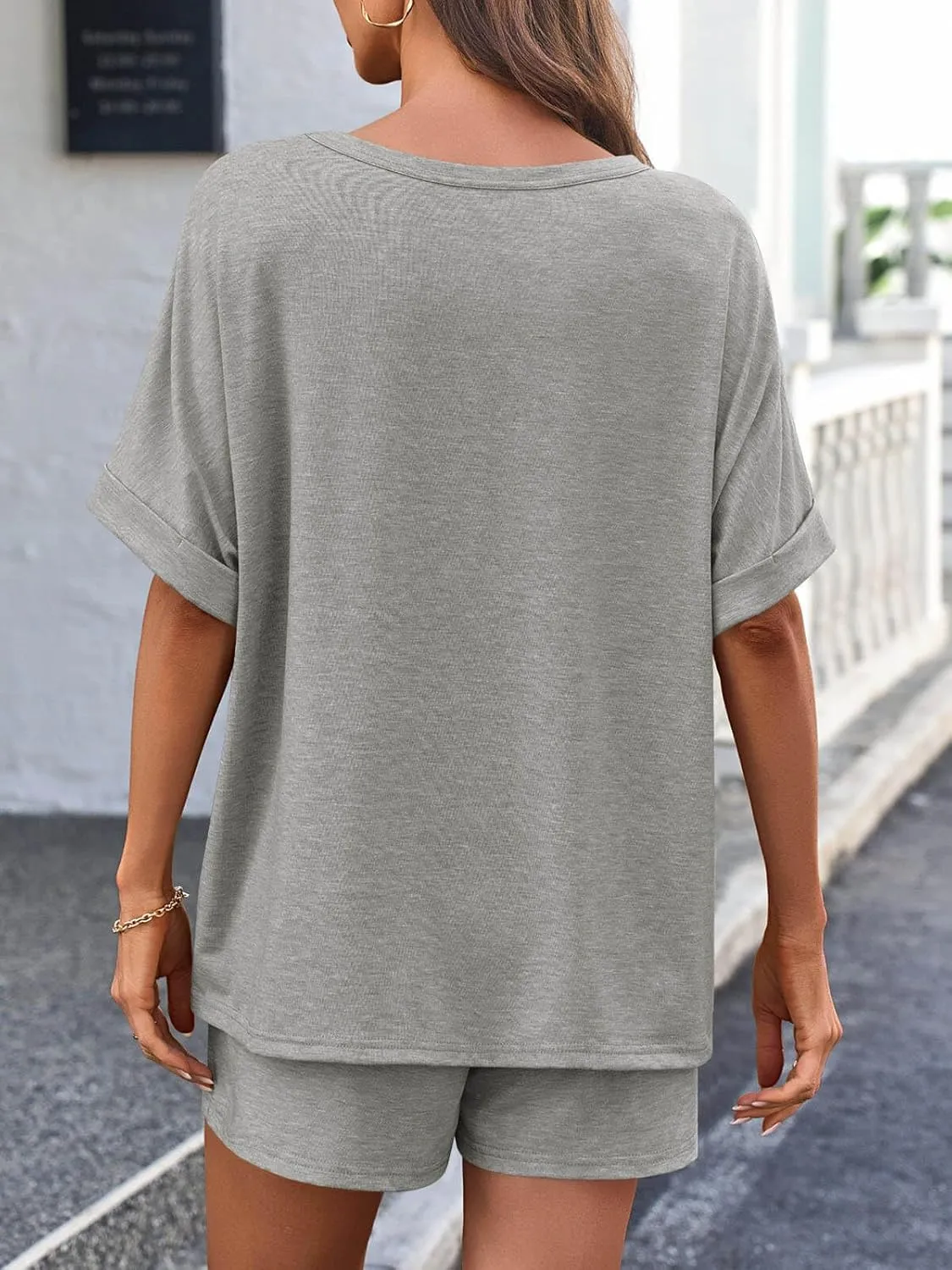 Tankaneo Womens 2 Piece Lounge Sets Oversized Short Sleeve T-shirts Drawstring Shorts Pajamas Summer Outfits