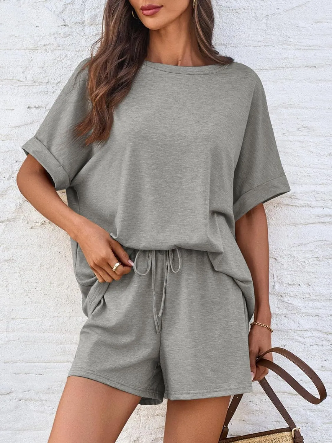 Tankaneo Womens 2 Piece Lounge Sets Oversized Short Sleeve T-shirts Drawstring Shorts Pajamas Summer Outfits