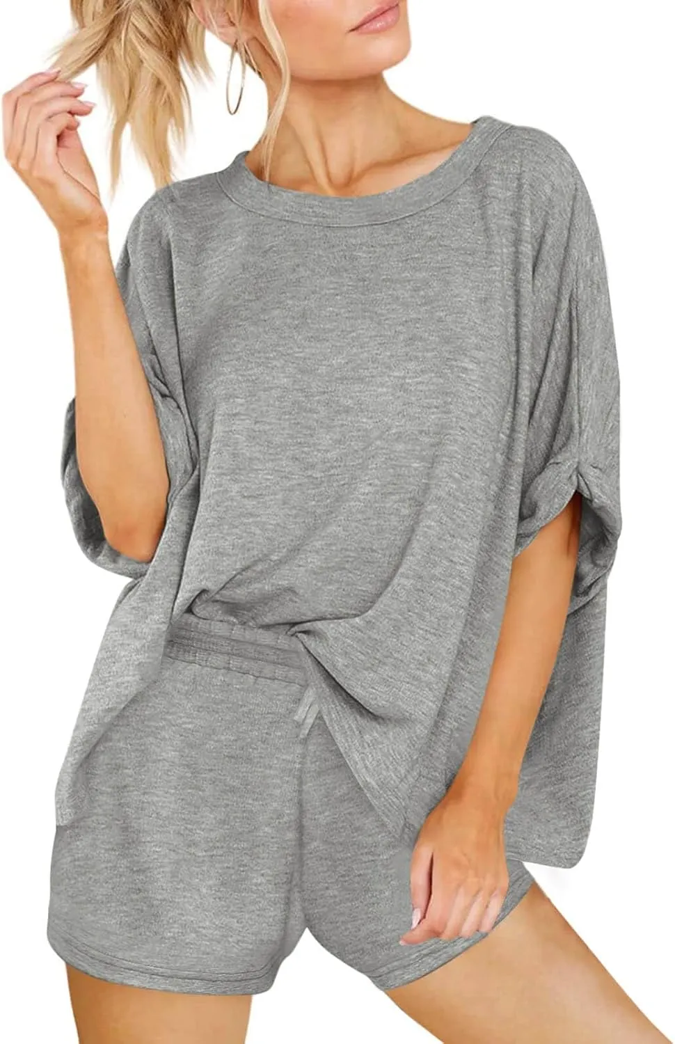 Tankaneo Womens 2 Piece Lounge Sets Oversized Short Sleeve T-shirts Drawstring Shorts Pajamas Summer Outfits