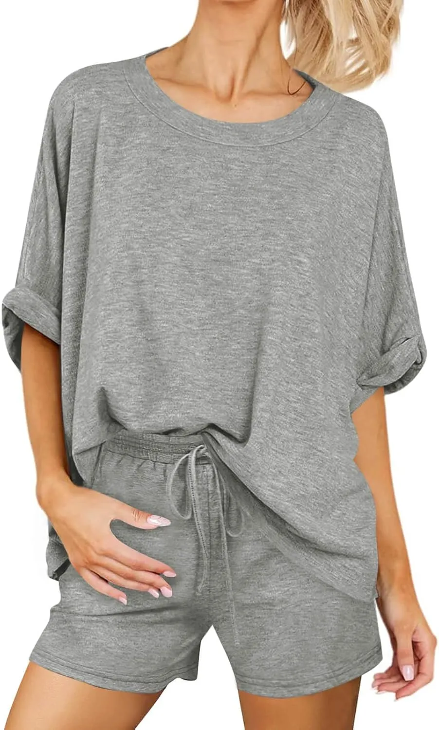 Tankaneo Womens 2 Piece Lounge Sets Oversized Short Sleeve T-shirts Drawstring Shorts Pajamas Summer Outfits