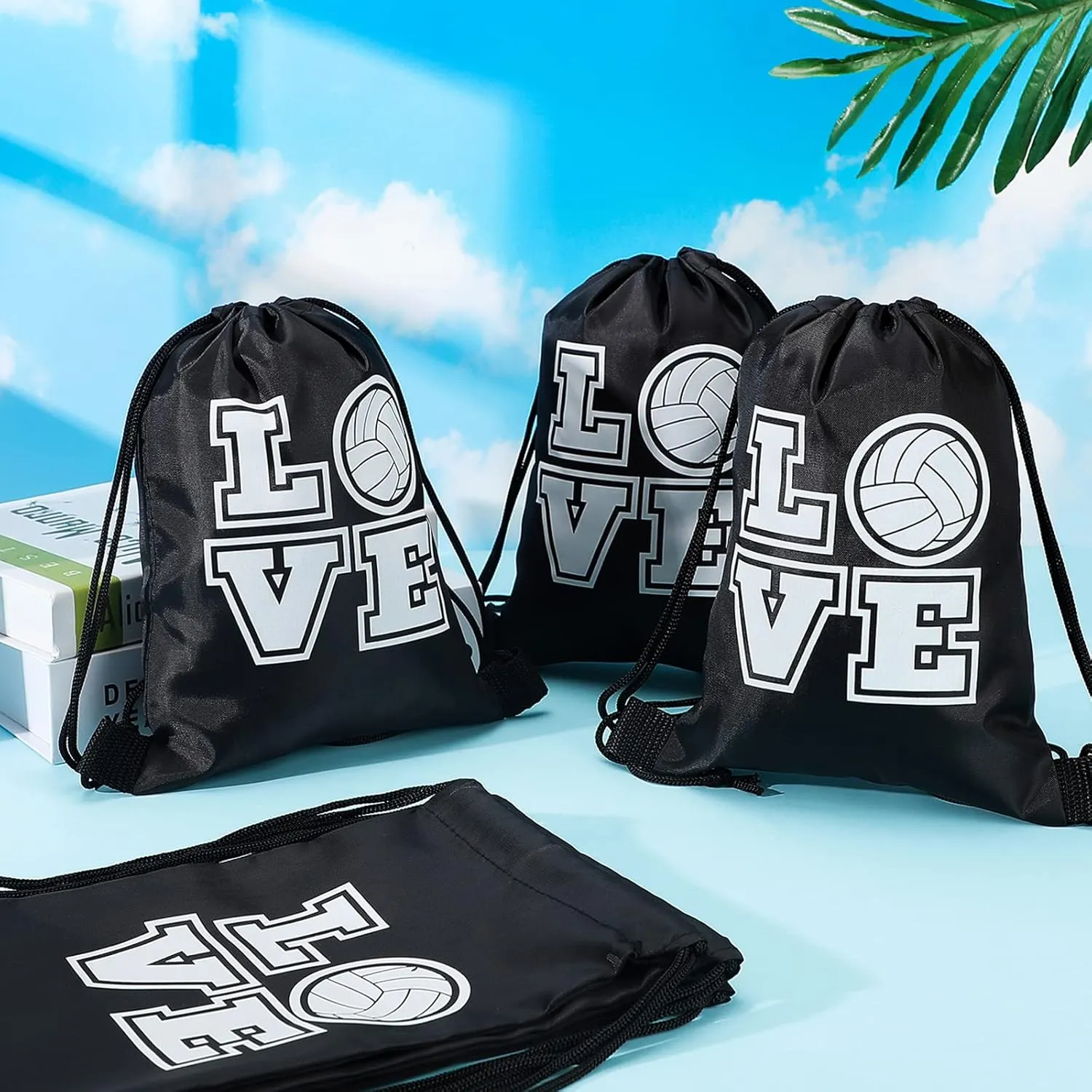 Tanlade 24 Pcs Sport Drawstring Bags Cinch Sack Candy Drawstring Bag Sport Party Goodie Favor Bags Supplies Gifts for Sports Party Men Women (Volleyball,7 x 10 Inch)