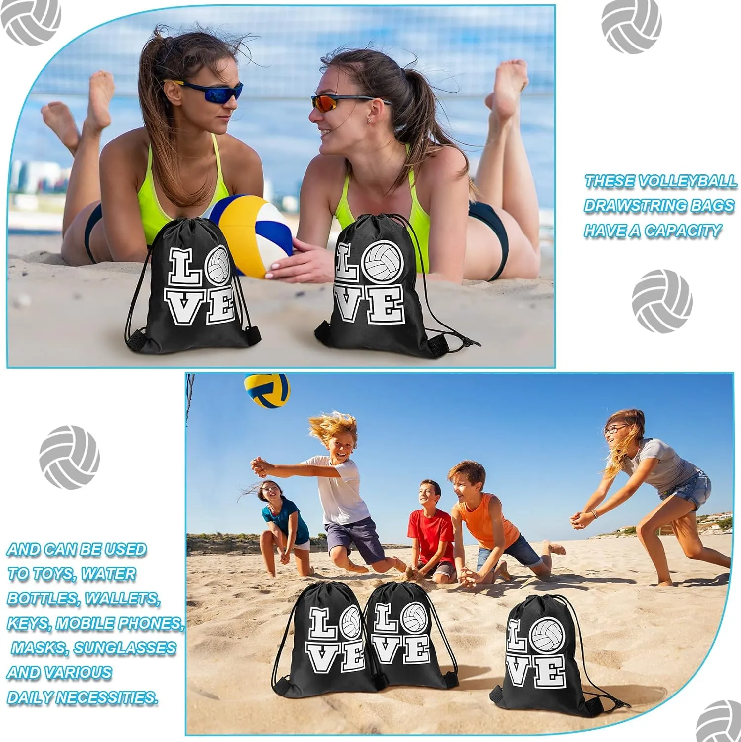 Tanlade 24 Pcs Sport Drawstring Bags Cinch Sack Candy Drawstring Bag Sport Party Goodie Favor Bags Supplies Gifts for Sports Party Men Women (Volleyball,7 x 10 Inch)