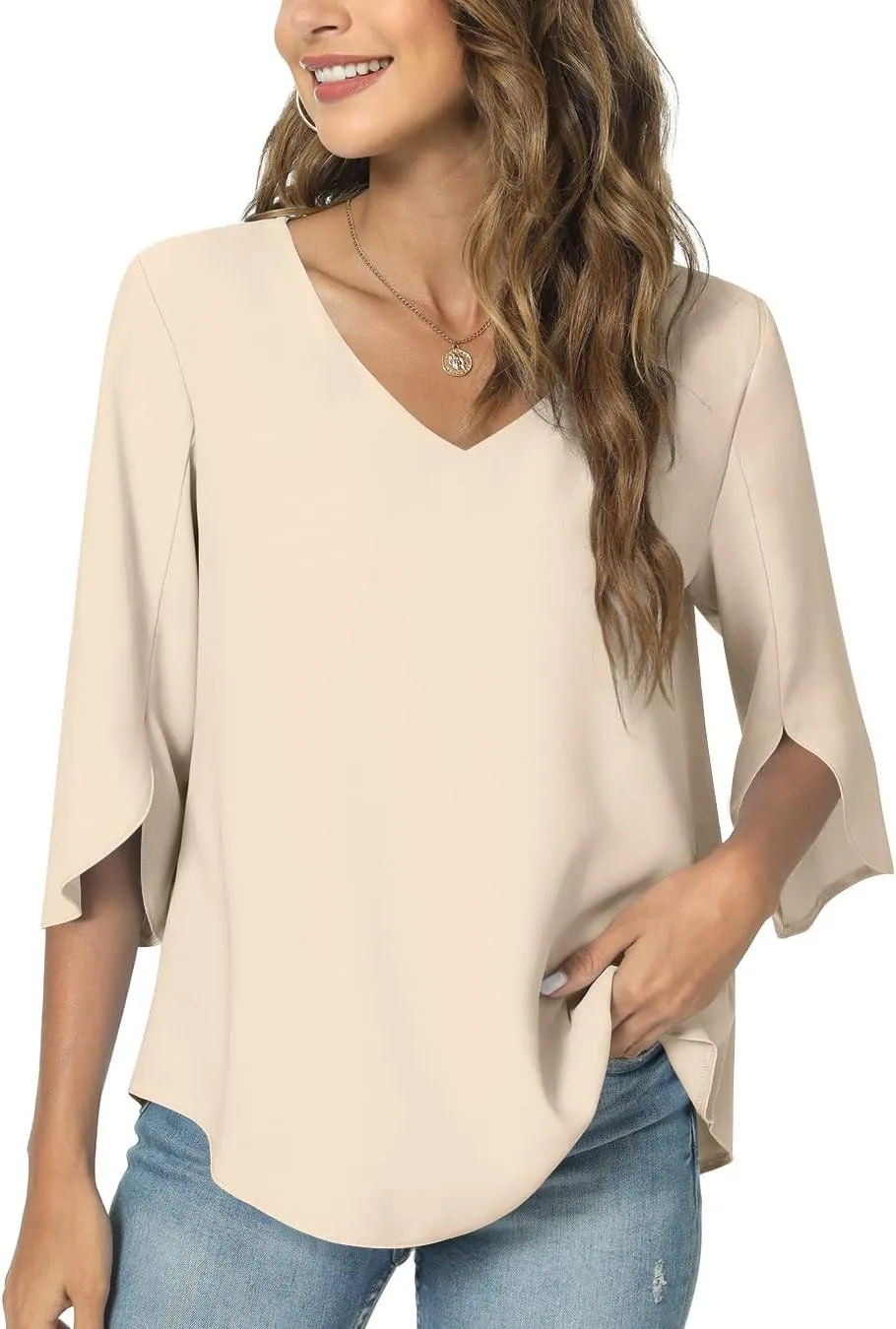TAOHUADAO Womens 2025 Summer 3/4 Sleeve Tunic Tops Chiffon Work Blouse V-Neck Dressy Casual Shirt