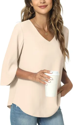 TAOHUADAO Womens 2025 Summer 3/4 Sleeve Tunic Tops Chiffon Work Blouse V-Neck Dressy Casual Shirt