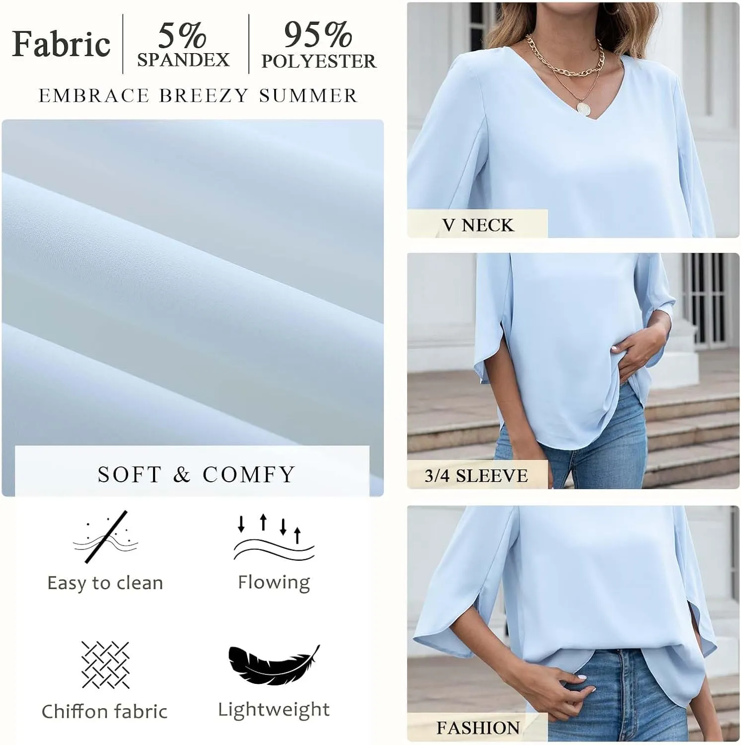 TAOHUADAO Womens 2025 Summer 3/4 Sleeve Tunic Tops Chiffon Work Blouse V-Neck Dressy Casual Shirt