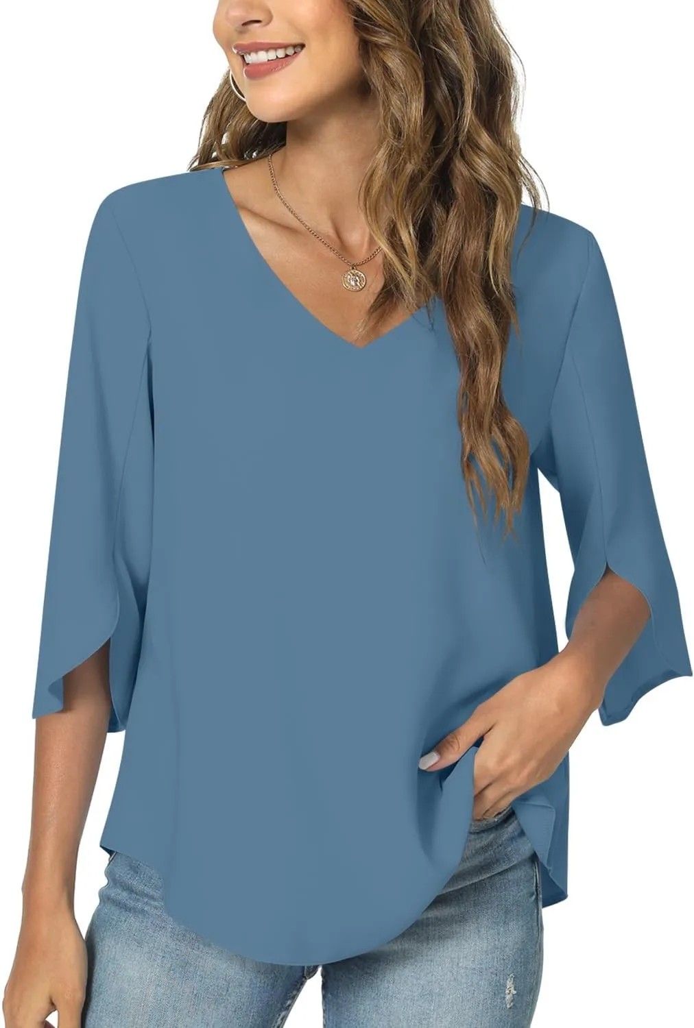 TAOHUADAO Womens 2025 Summer 3/4 Sleeve Tunic Tops Chiffon Work Blouse V-Neck Dressy Casual Shirt