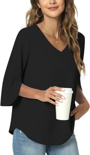 TAOHUADAO Womens 2025 Summer 3/4 Sleeve Tunic Tops Chiffon Work Blouse V-Neck Dressy Casual Shirt