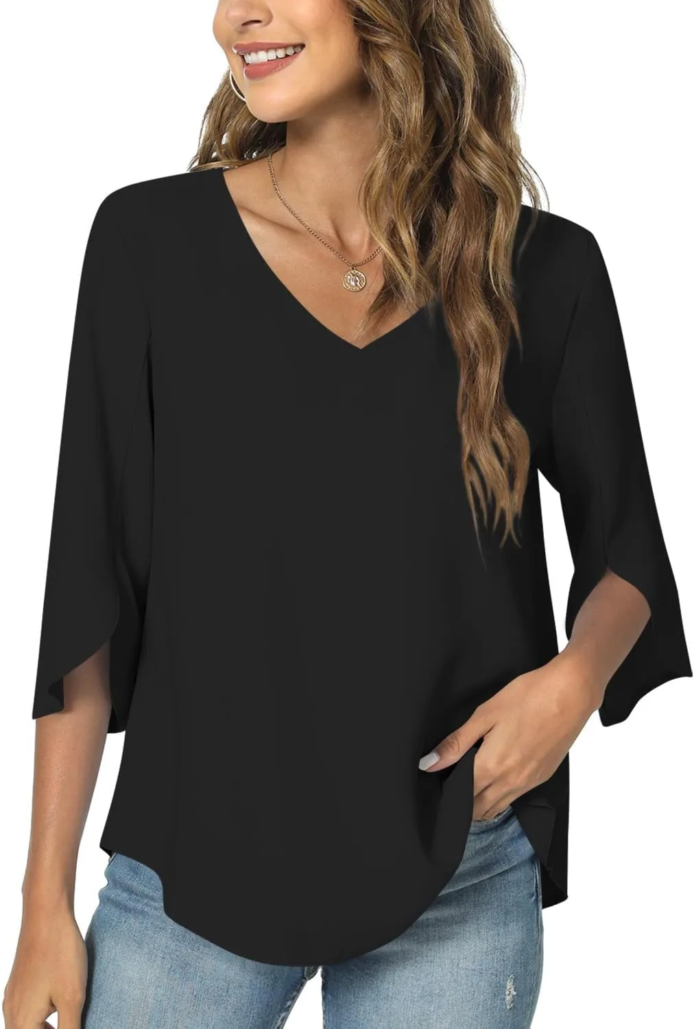 TAOHUADAO Womens 2025 Summer 3/4 Sleeve Tunic Tops Chiffon Work Blouse V-Neck Dressy Casual Shirt