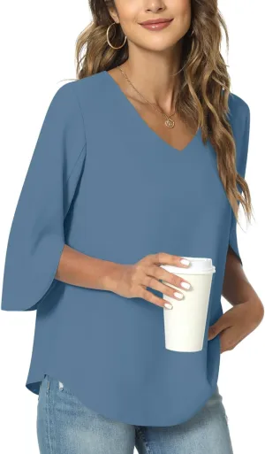 TAOHUADAO Womens 2025 Summer 3/4 Sleeve Tunic Tops Chiffon Work Blouse V-Neck Dressy Casual Shirt