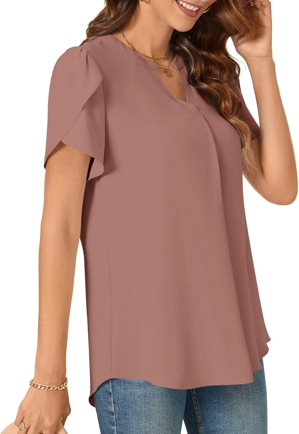 TAOHUADAO Womens Dressy Chiffon Blouses Summer Casual T-Shirts Petal Short Sleeve V Neck Tunic Tops for Leggings