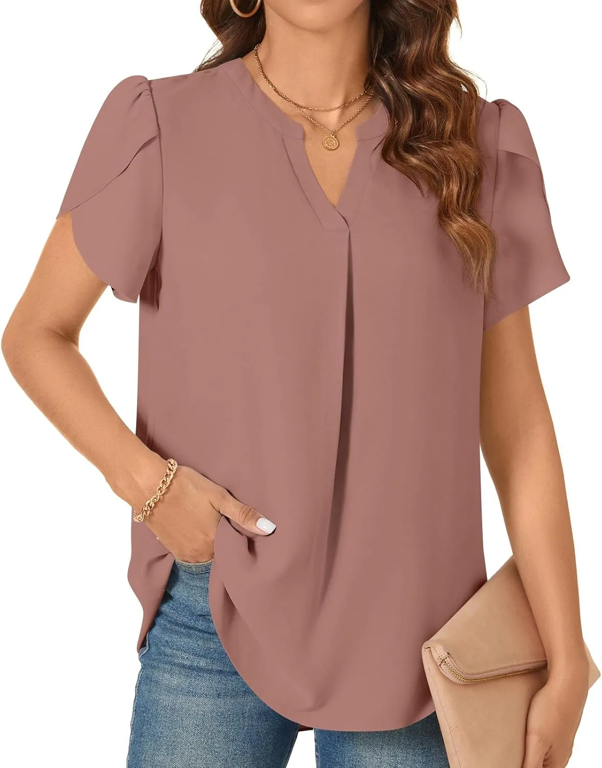 TAOHUADAO Womens Dressy Chiffon Blouses Summer Casual T-Shirts Petal Short Sleeve V Neck Tunic Tops for Leggings