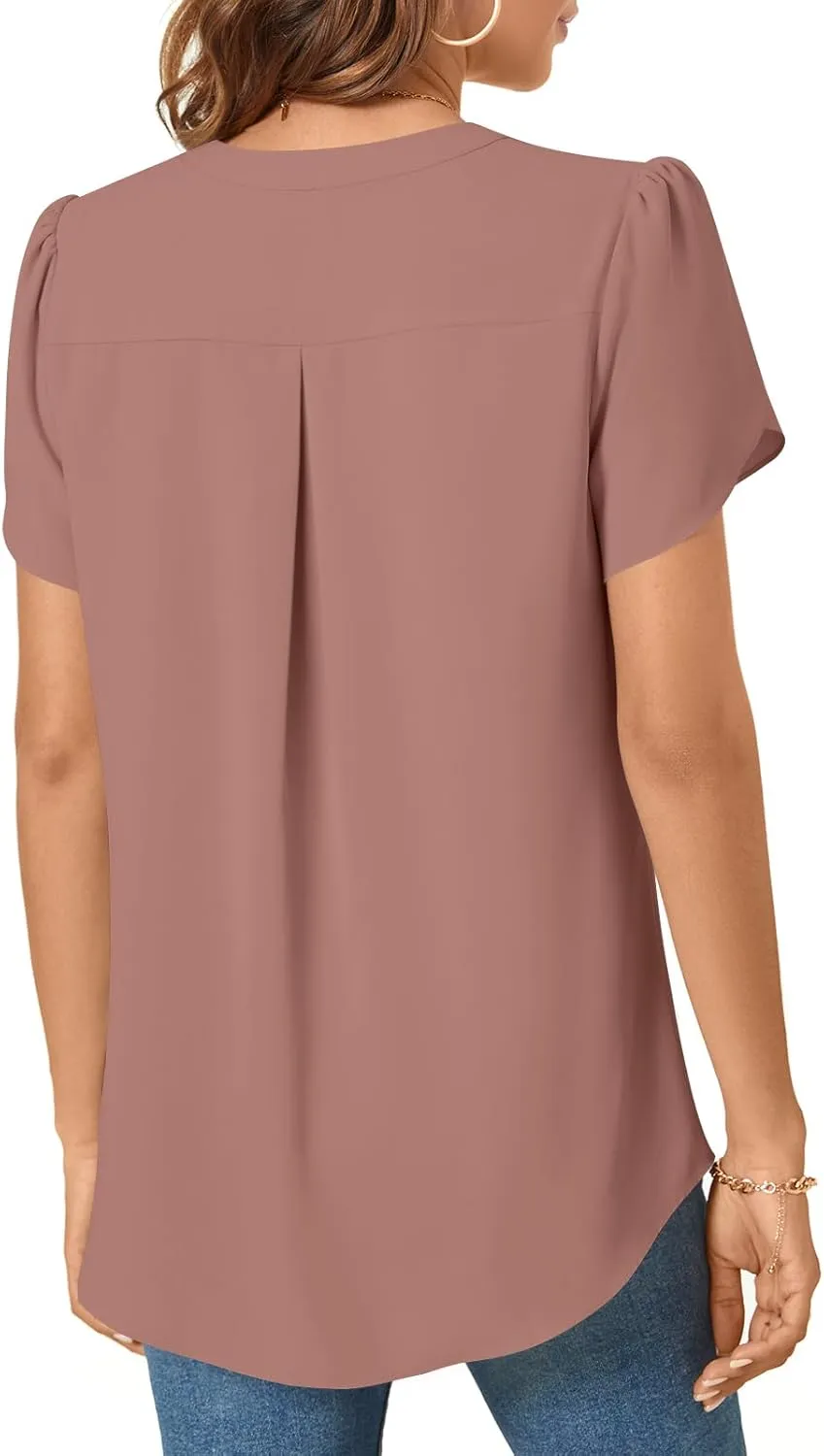TAOHUADAO Womens Dressy Chiffon Blouses Summer Casual T-Shirts Petal Short Sleeve V Neck Tunic Tops for Leggings