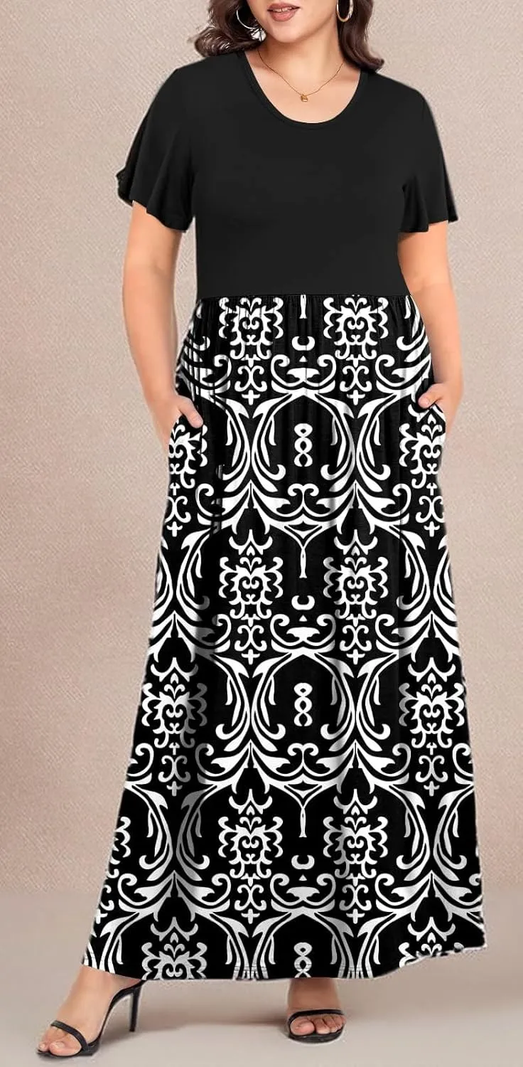 TAOHUADAO Women's Summer Plus Size Dresses Crewneck Ruffle Short Sleeve Casual Maxi Dress with Pockets