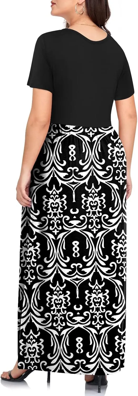 TAOHUADAO Women's Summer Plus Size Dresses Crewneck Ruffle Short Sleeve Casual Maxi Dress with Pockets