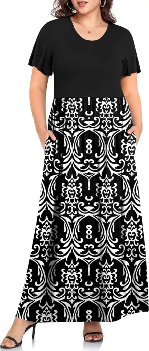TAOHUADAO Women's Summer Plus Size Dresses Crewneck Ruffle Short Sleeve Casual Maxi Dress with Pockets