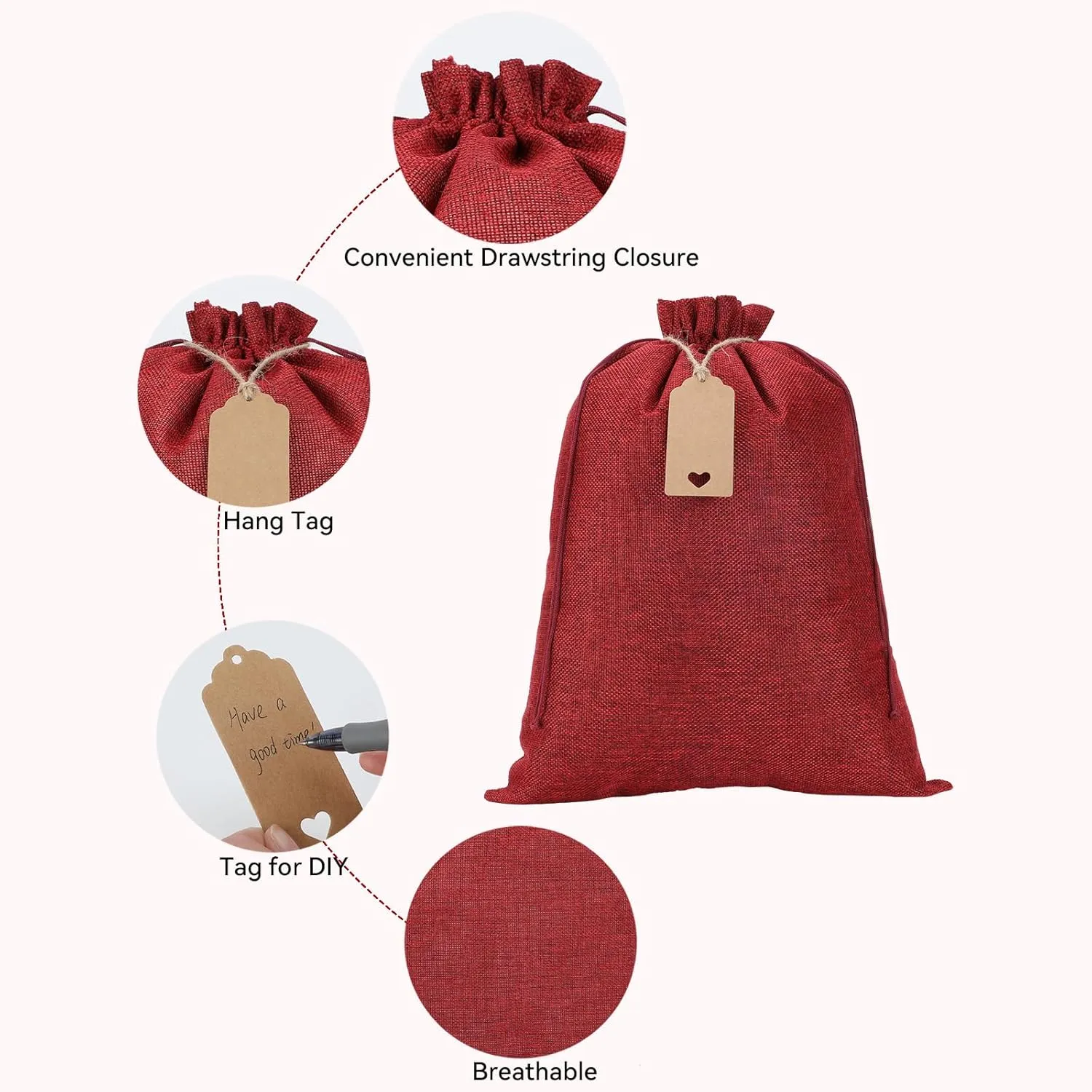 Tapleap Burlap Bags with Drawstring, 12 x 16 inches (Lot of 10) Burlap Favor Sacks for Wrapping Memorial Day Gifts, Birthday, Wedding, Party or Household Use(Red)