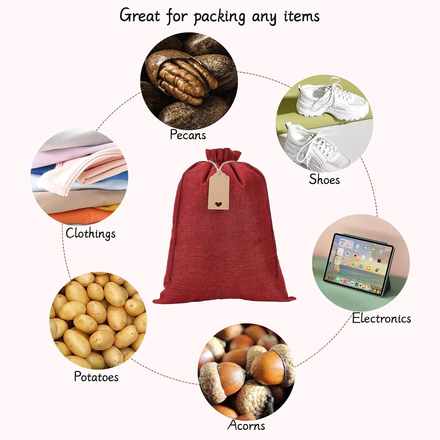 Tapleap Burlap Bags with Drawstring, 12 x 16 inches (Lot of 10) Burlap Favor Sacks for Wrapping Memorial Day Gifts, Birthday, Wedding, Party or Household Use(Red)