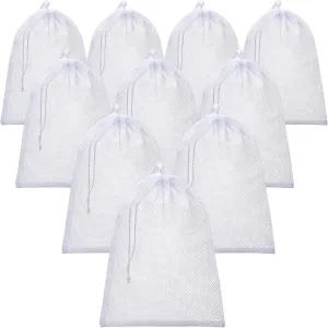TecUnite 10 Pcs Mesh Bags Drawstring Laundry Bags Large Nylon Mesh Gift Dishwasher Bag with Sliding Drawstring for Kitchen Jewelry Gifts Wedding Favor Home(12 x 16 Inch,White)