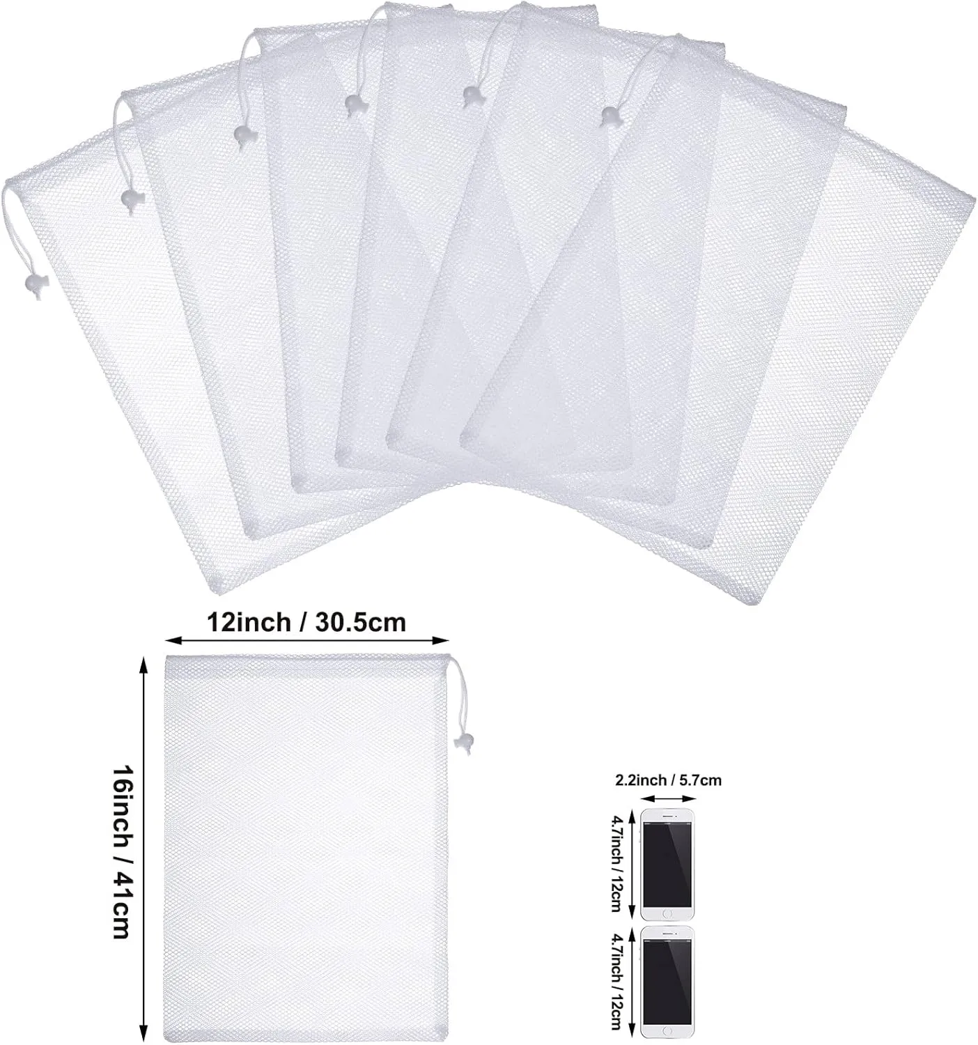 TecUnite 10 Pcs Mesh Bags Drawstring Laundry Bags Large Nylon Mesh Gift Dishwasher Bag with Sliding Drawstring for Kitchen Jewelry Gifts Wedding Favor Home(12 x 16 Inch,White)