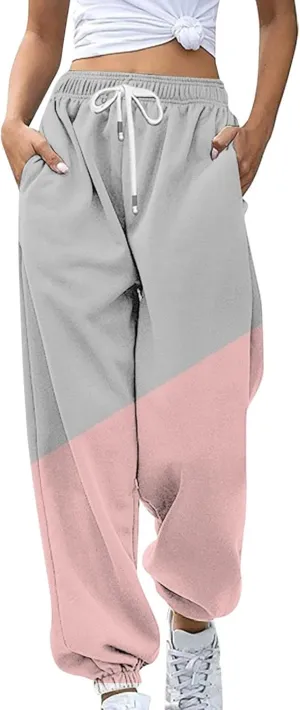 Teen Girls Cute Sweatpants Two Tone Drawstring Elastic Waist Cinch Bottom Joggers Lounge Slacks Womens Loose Soft Activewear