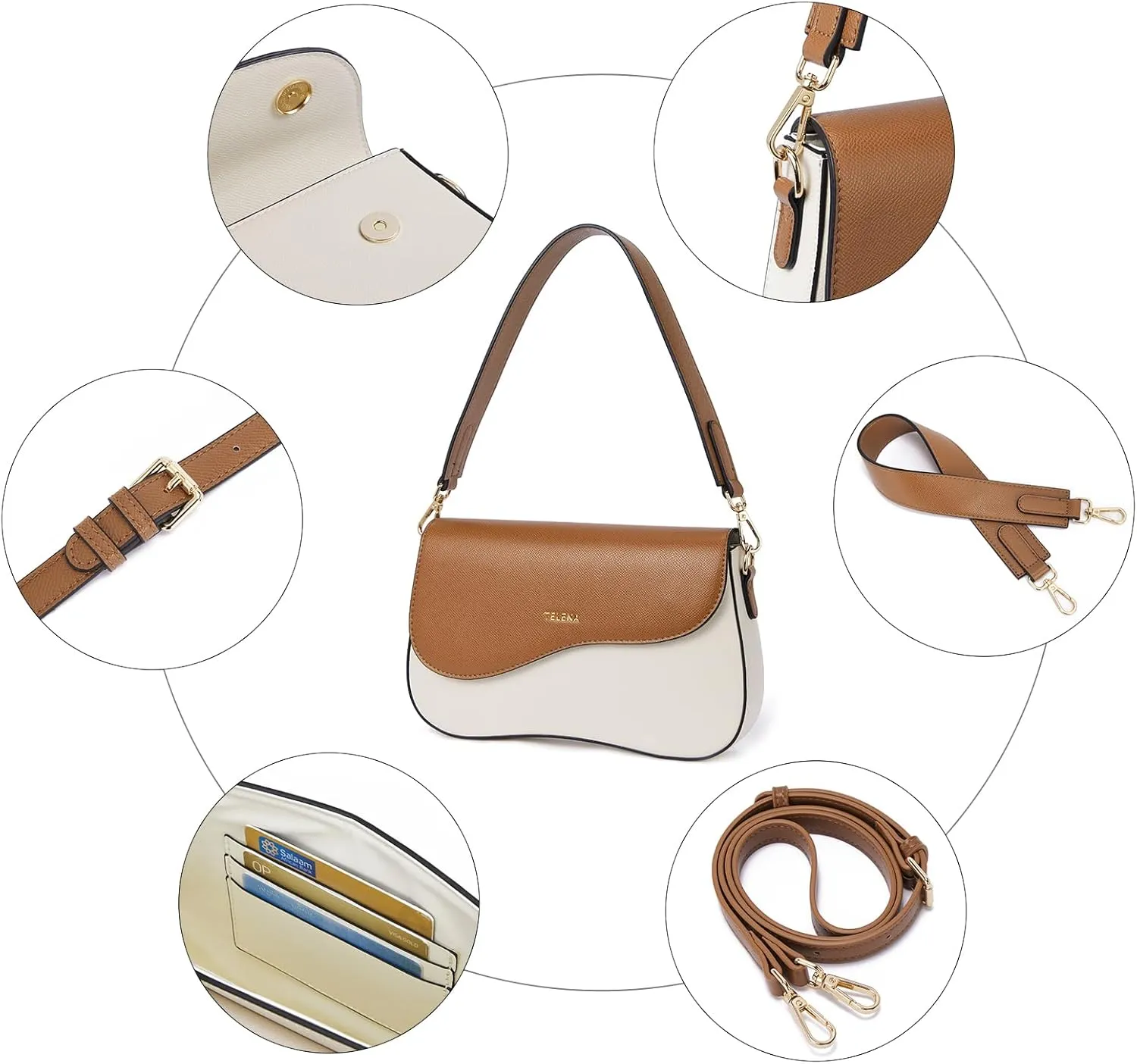 Telena Shoulder Bag for Women Vegan Leather Women's Shoulder Purses Handbags with 2 Removable Strap Crossbody Bag Purses