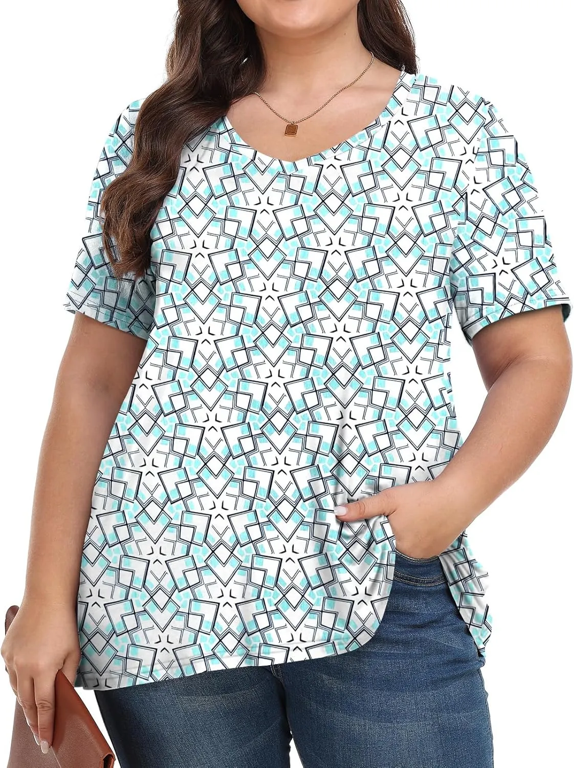 Tencede Womens Plus Size Tops Short Sleeve Tunic Shirts V Neck Summer Floral Loose Fit Blouse XL-5X