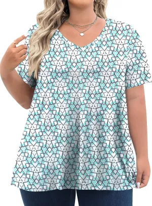 Tencede Womens Plus Size Tops Short Sleeve Tunic Shirts V Neck Summer Floral Loose Fit Blouse XL-5X