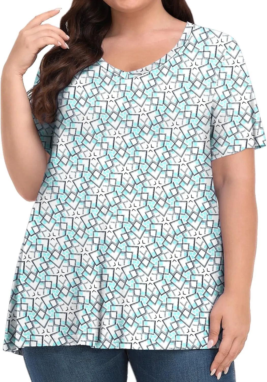 Tencede Womens Plus Size Tops Short Sleeve Tunic Shirts V Neck Summer Floral Loose Fit Blouse XL-5X