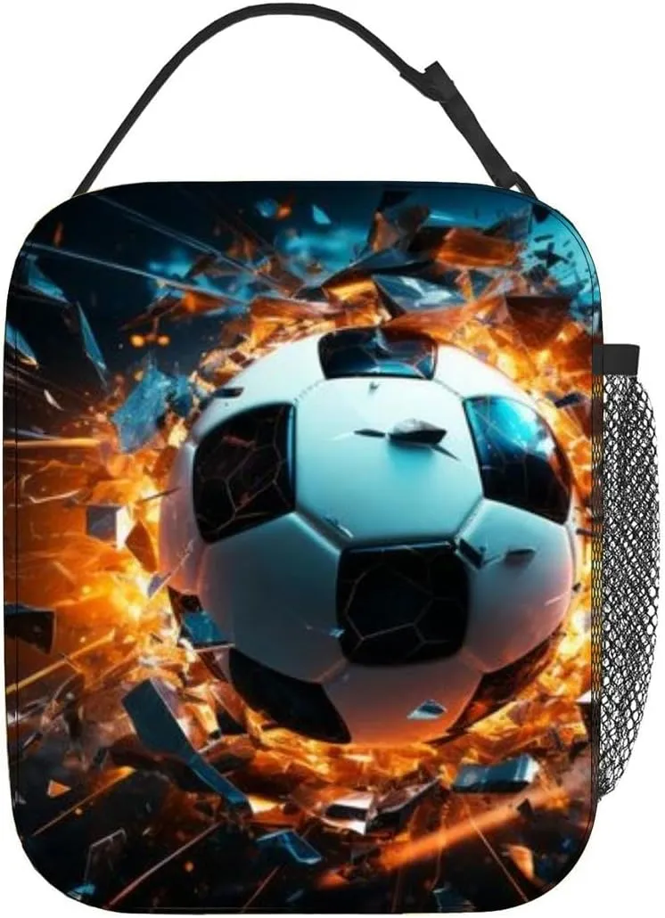 The impact sports the realm illustrated by a soccer ball crashing Insulated Iunch Bag for Men Woman Large Portable Waterproof Reusable Thermal Lunch Box with Pockets for Work Travel Picnic