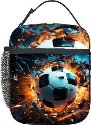 The impact sports the realm illustrated by a soccer ball crashing Insulated Iunch Bag for Men Woman Large Portable Waterproof Reusable Thermal Lunch Box with Pockets for Work Travel Picnic