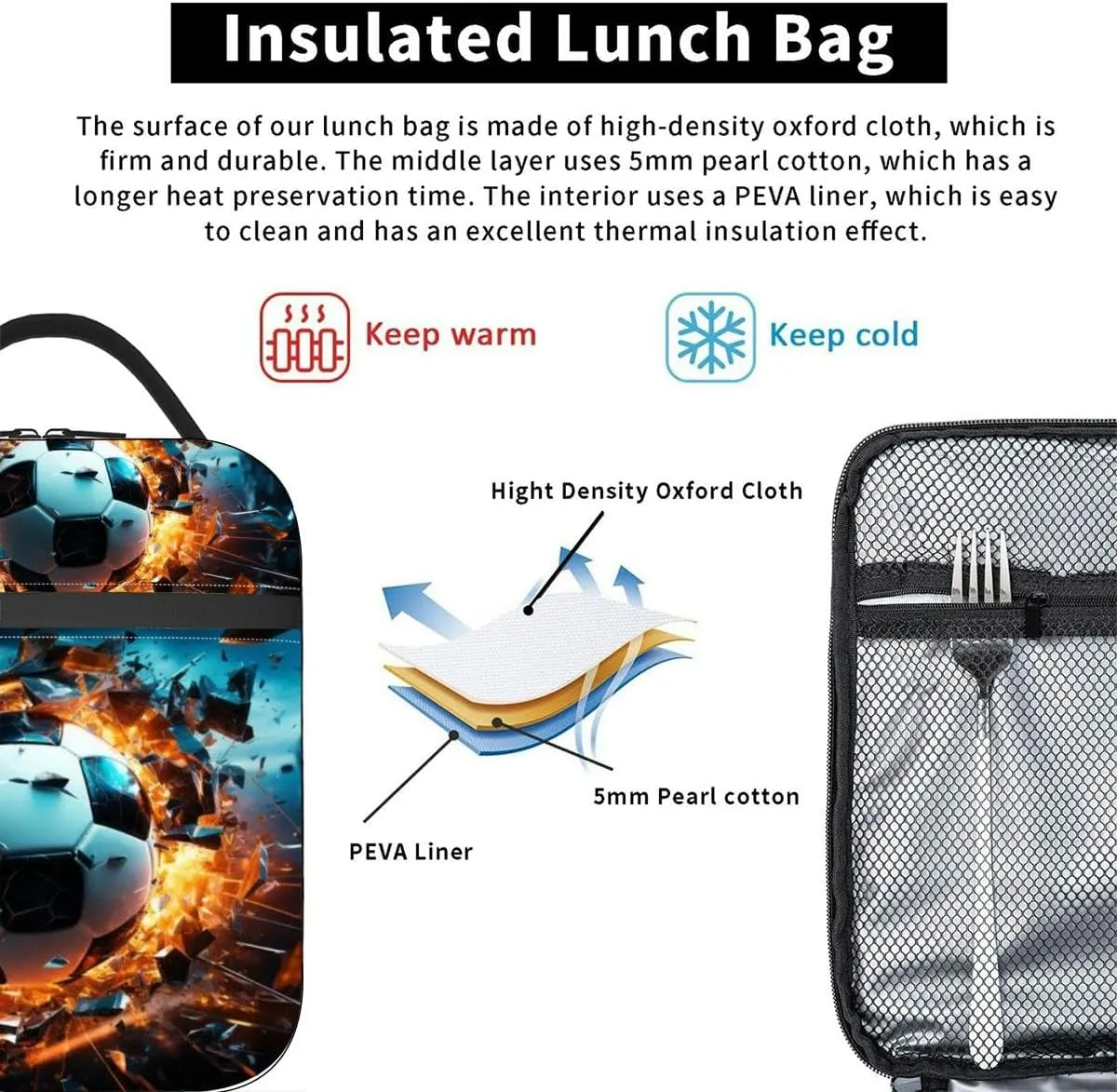 The impact sports the realm illustrated by a soccer ball crashing Insulated Iunch Bag for Men Woman Large Portable Waterproof Reusable Thermal Lunch Box with Pockets for Work Travel Picnic