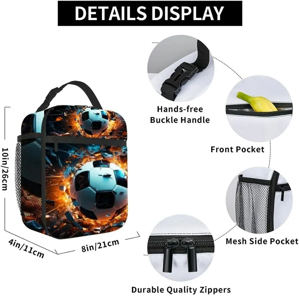 The impact sports the realm illustrated by a soccer ball crashing Insulated Iunch Bag for Men Woman Large Portable Waterproof Reusable Thermal Lunch Box with Pockets for Work Travel Picnic