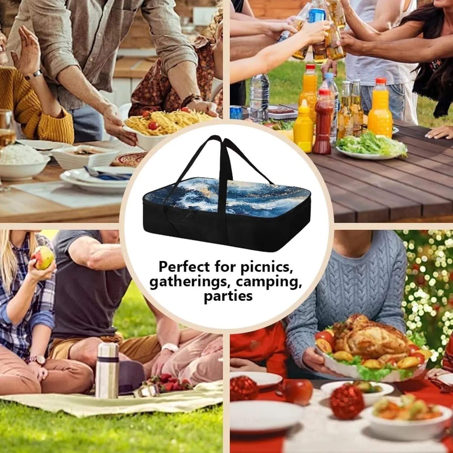 Thermal Casserole Carrier for Hot or Cold Food Portable Baking Dish Holder Easy to Clean Lunch Bag for Cookout Potluck Travel Party, Fits 9" x 13" Baking Dish, Blue Golden Marble