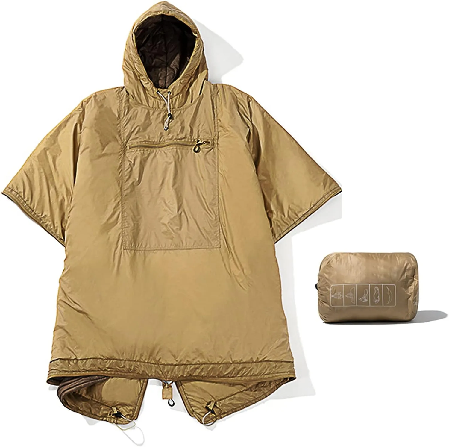 Thermal Poncho Cloak Cape, Camp Sleeping Bag with Stuff Compression Sack , Warmth Small Quilt Blanket Water-resisitant Sleeping Bag with Hat for Backpacking Hiking Hunting Fishing Military Outdoor