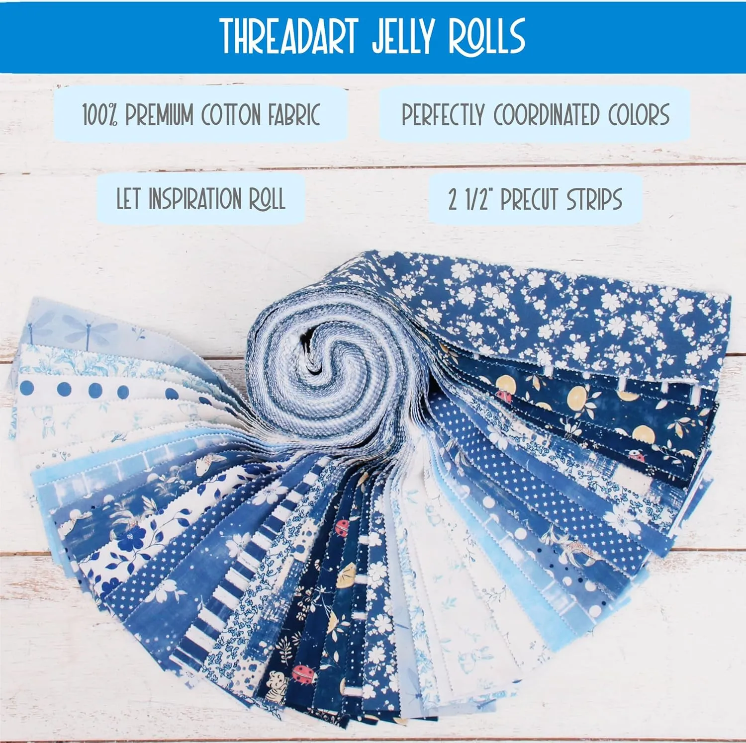 ThreadArt Exclusive Prints Jelly Roll Fabric Strips for Quilting, Crafting, and Sewing, 40 Precut Fabric Strips in Blue Prints, Premium Cotton for Quilts, Crafts, Rugs, Blankets, Clothing and More