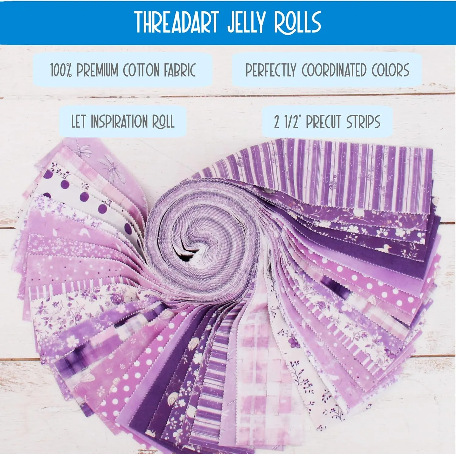 ThreadArt Exclusive Prints Jelly Roll Fabric Strips for Quilting, Crafting, and Sewing, 40 Precut Fabric Strips in Purple Prints, Premium Cotton for Quilts, Crafts, Rugs, Blankets, Clothing and More