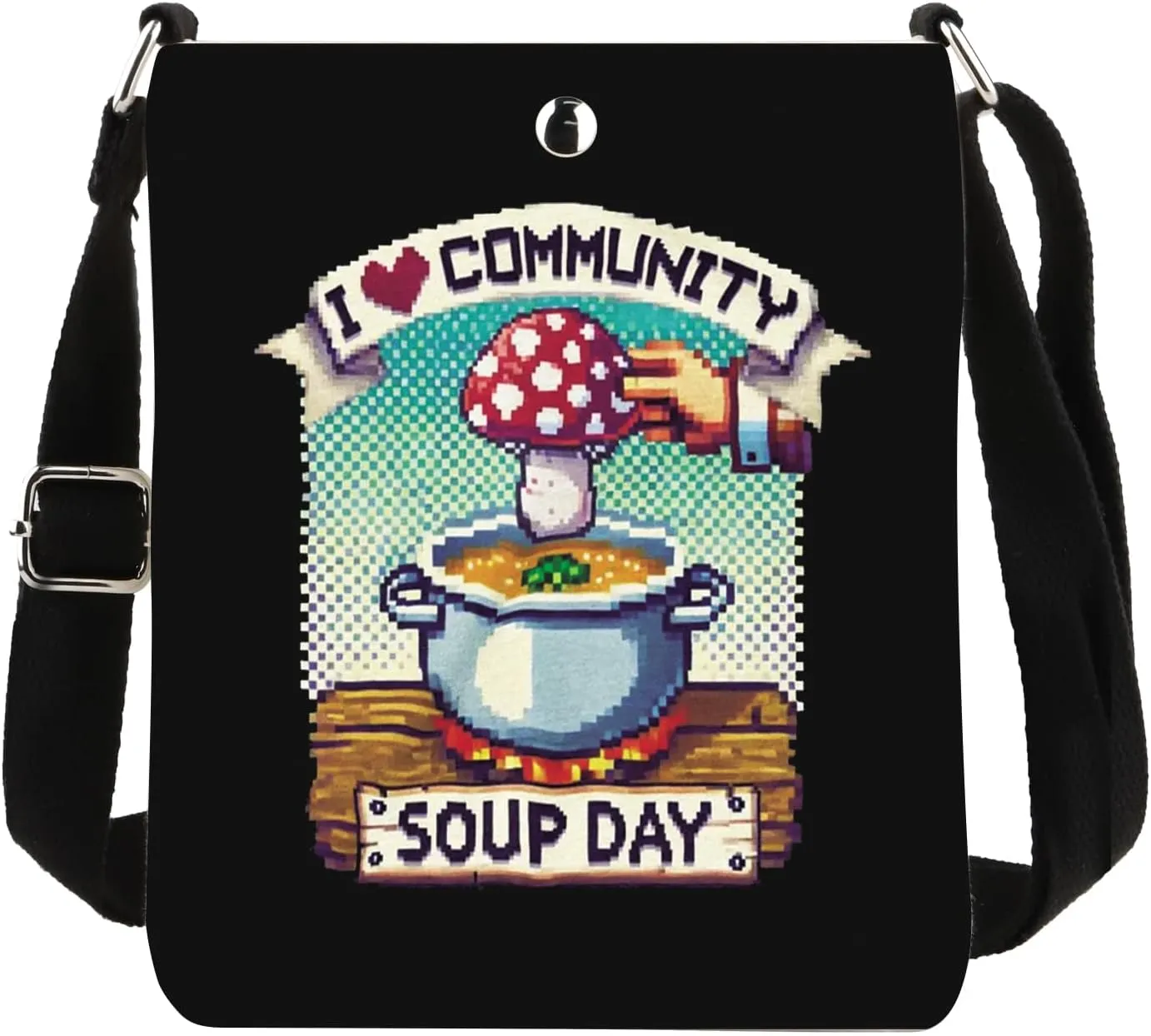 TIIMG I Love Community Soup Day Gift Pixel Game Valley Cooking Gift Mushroom Soup Lover Crossbody Bag