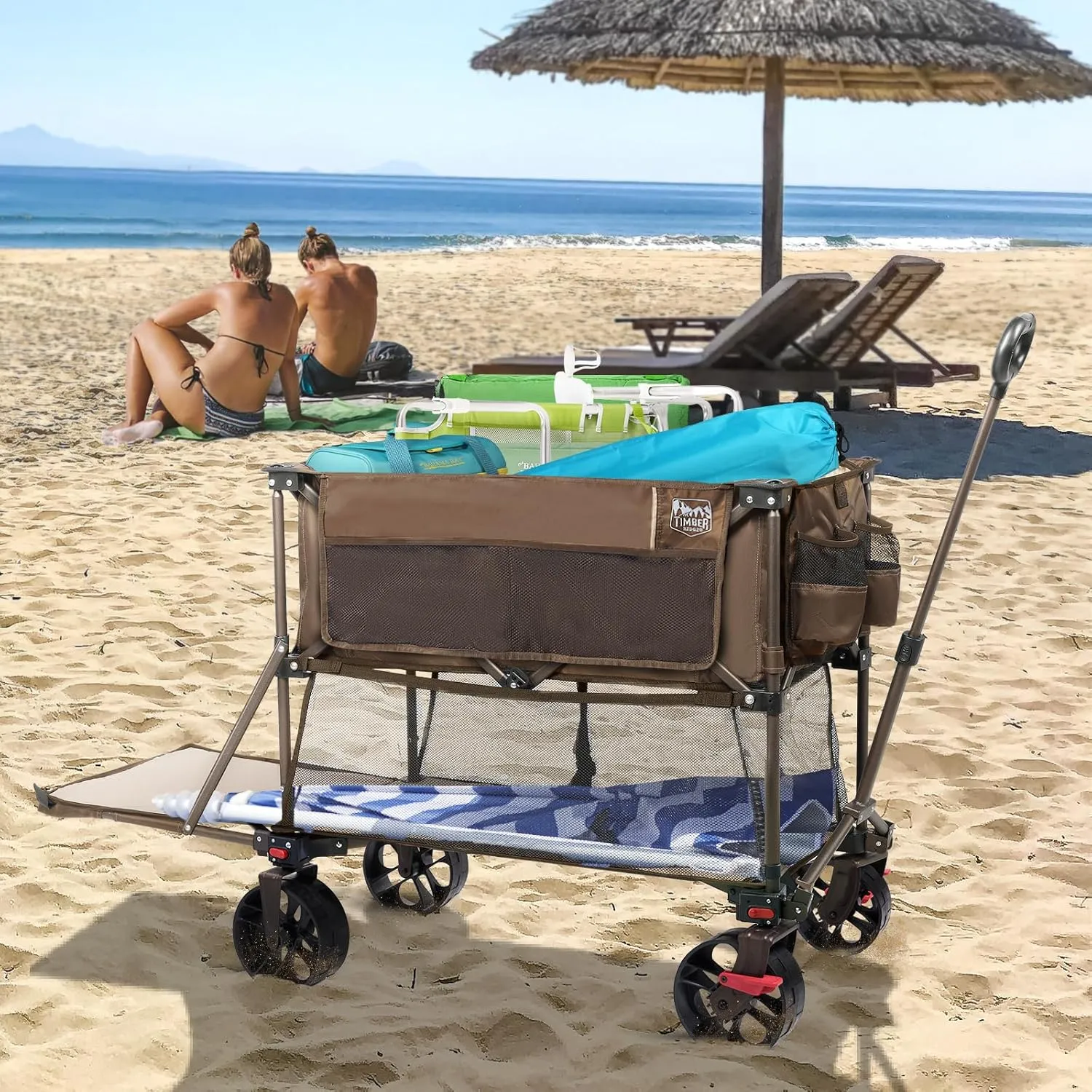 TIMBER RIDGE 400L Large Capacity Folding Double Decker Wagon with Brakes, 54" Extra Long Extender Wagon Cart, 450lbs Heavy Duty Collapsible Cart, All-Terrain Big Wheels for Camping, Sports, Shopping