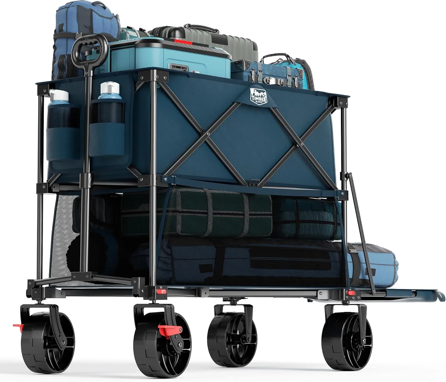 TIMBER RIDGE 400L Large Capacity Folding Double Decker Wagon with Brakes, 54" Extra Long Extender Wagon Cart, 450lbs Heavy Duty Collapsible Cart, All-Terrain Big Wheels for Camping, Sports, Shopping
