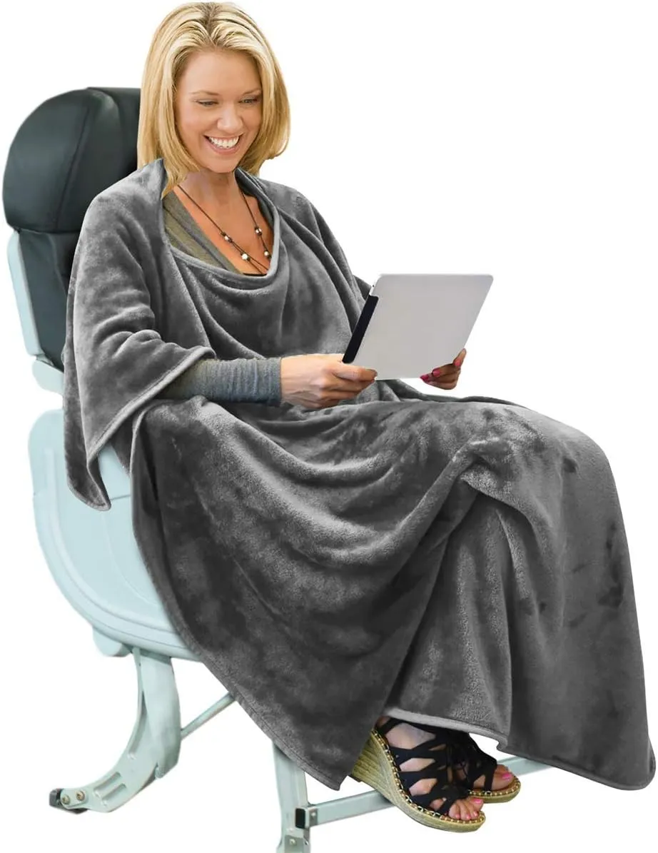 Tirrinia Travel Blanket Airplane Office Poncho 4 in 1 Premium Cozy Fleece Portable Poncho Blankets with Built-in Bag, Pocket